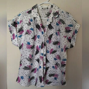 Caliche White Abstract Print Button Closure Notch Lapel Cuffed Sleeves Sz 40/20W